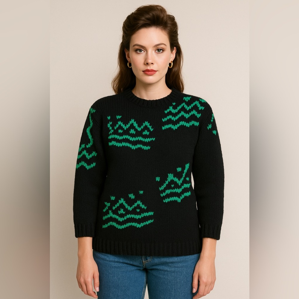 🖤 Vintage Petites by SML Hand-Knit Sweater Black‎ Teal Abstract Knit 💚✨